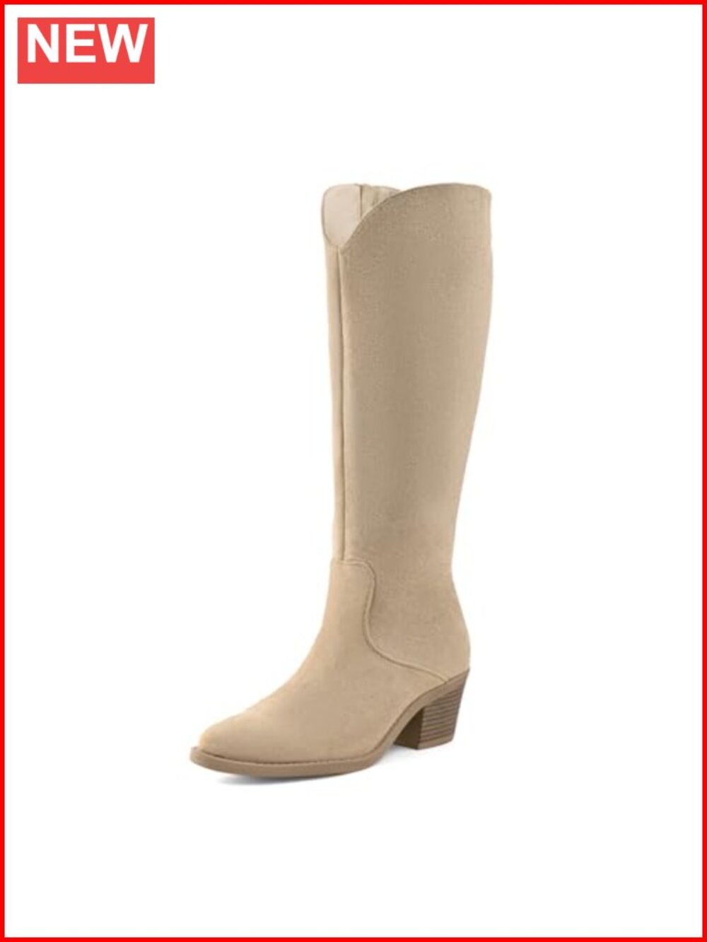 Faux Suede Knee High Western Boots Pointed Toe Stacked Block Heel